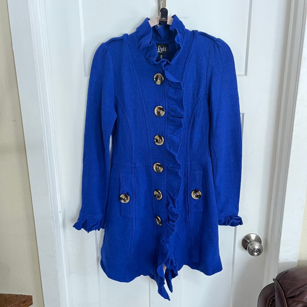 Luii for Anthropologie Royal Blue Boiled Wool Ruffle Jacket Small
